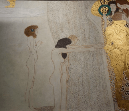 Gustav Klimt. Le Chevalier d'or, Reconstitution de la Frise Beethoven (détail), 1985. Technique mixte sur plâtre sur chaume.