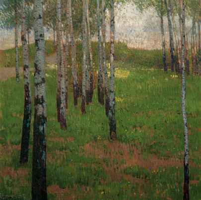Carl Moll - Bosquet de bouleaux au crépuscule, 1902. Huile sur toile 80 x 80 cm 